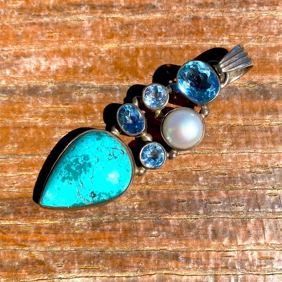 Turquoise & Silver & simulant stones on silver pendant ready for chain, leather - Picture 1 of 4